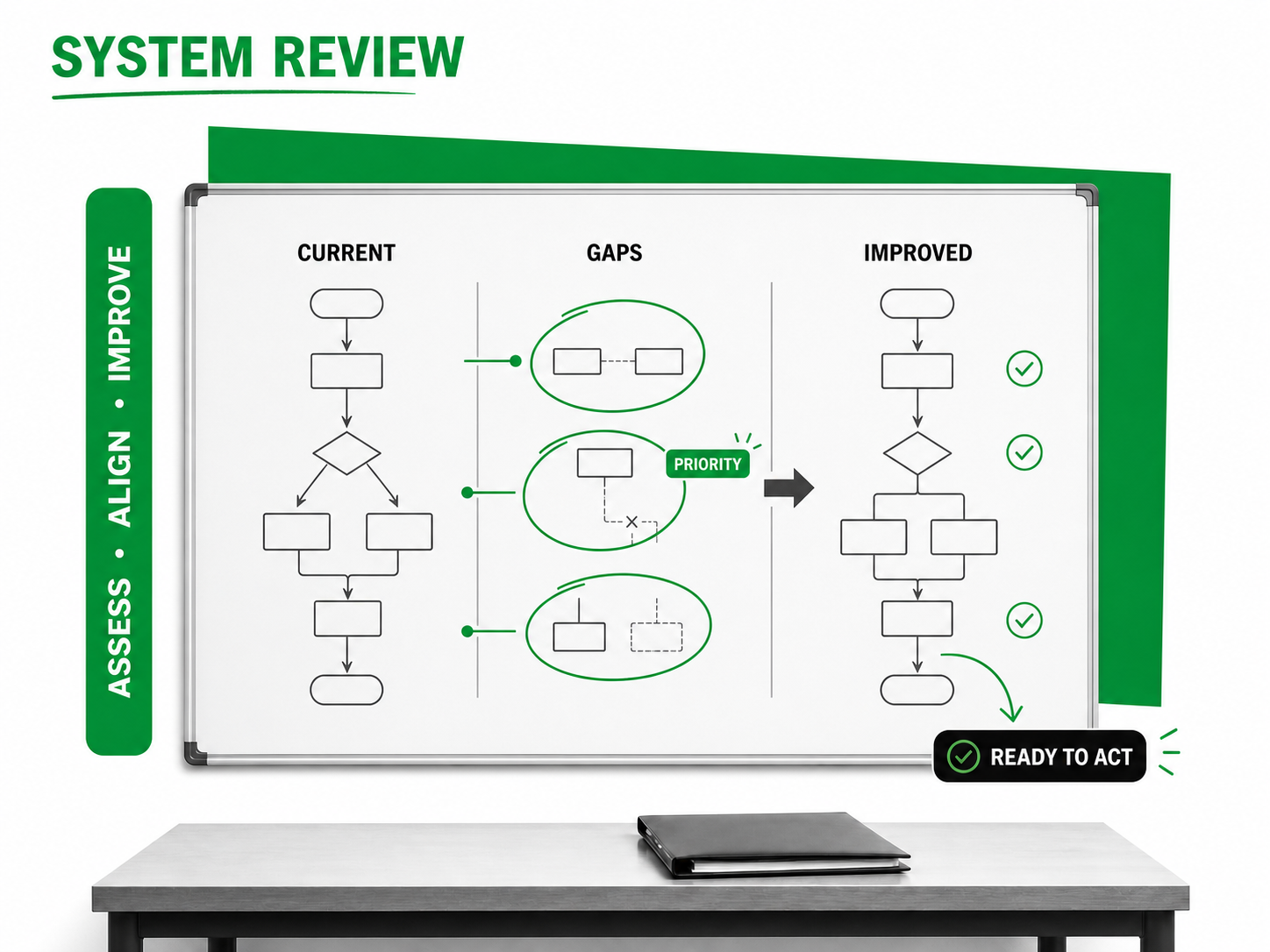 Editorial graphic representing pharmaceutical consulting and system improvement