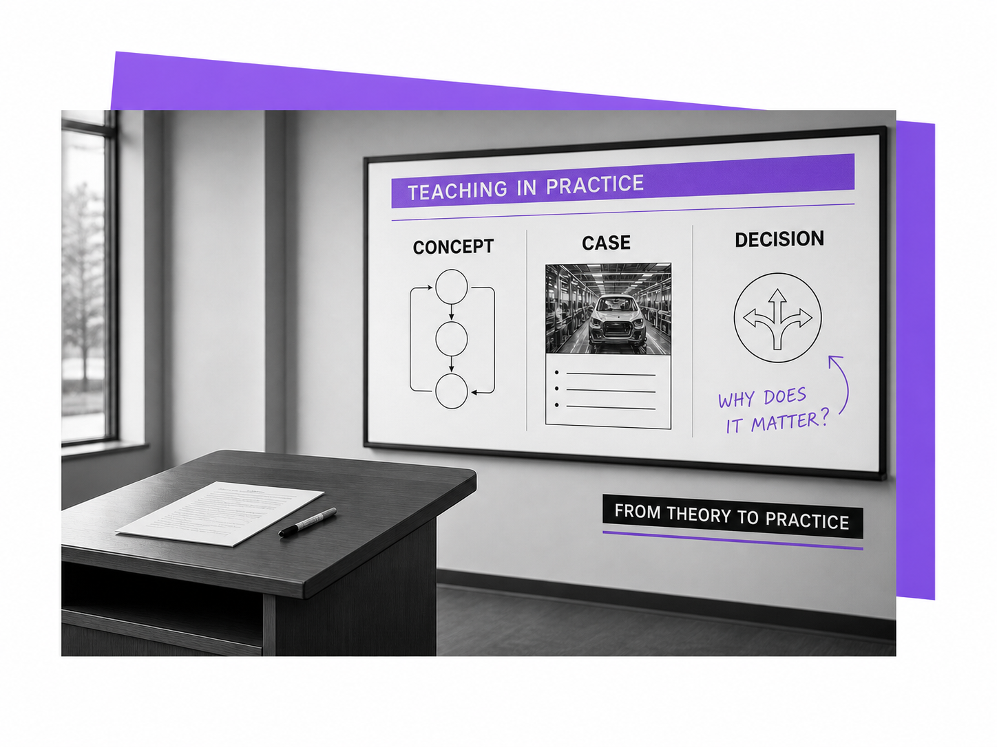 Editorial graphic linking concept, case, and practice in pharmaceutical teaching